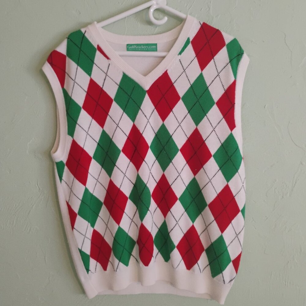 V-Neck Argyle Sweater Vest - Red and Green